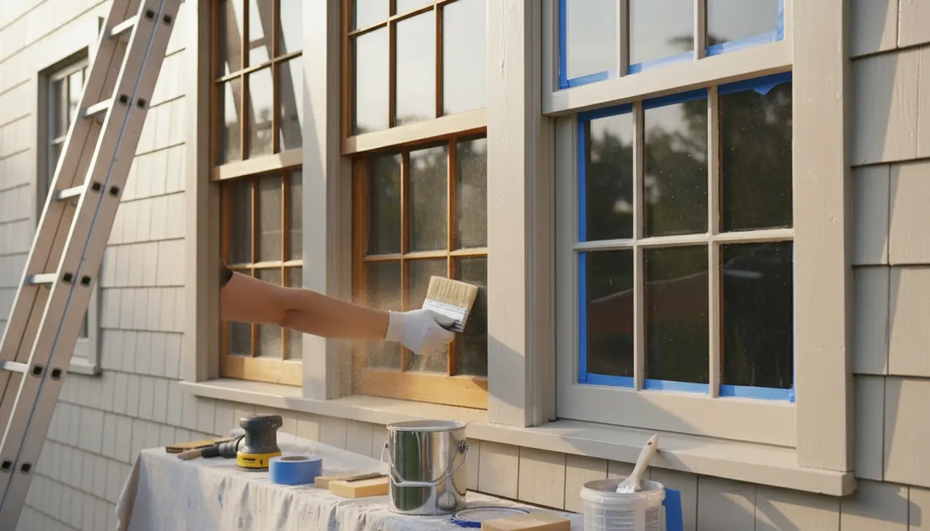 Udvendigt billede af vinduer i slibning, spartling og maling med værktøj og stige ved huset.