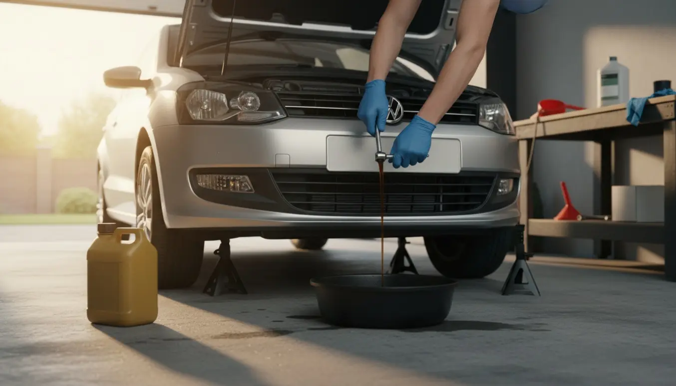 Åben lille hatchback med olie der løber i en opsamler, værktøj og nyt oliefilter klar til olieskifte.