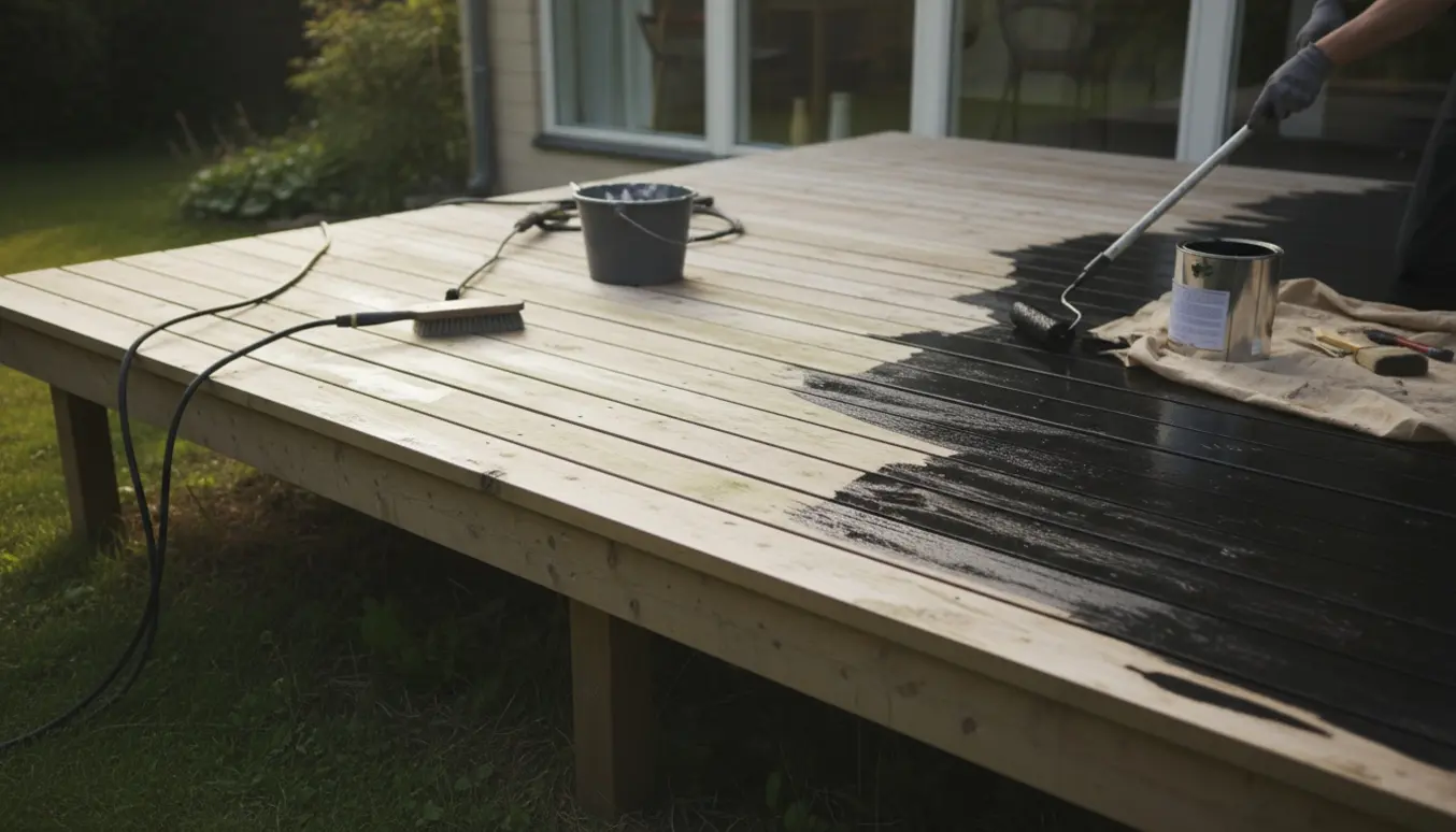 En ældre hævet træterrasse delvist renset og nymalet med sort træbeskyttelse, hvor hænder ruller maling på træet.