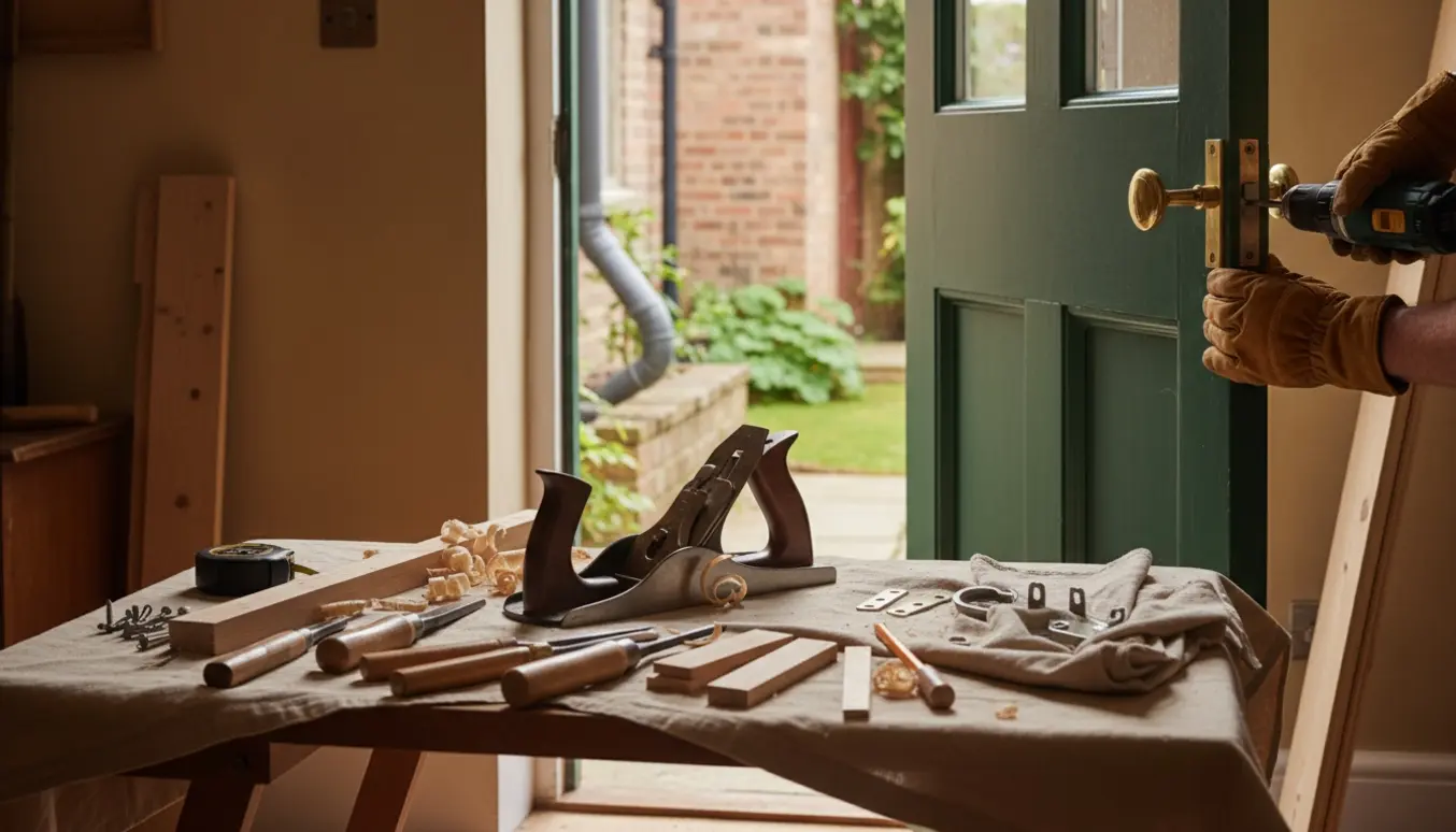 Hænder monterer nye hængsler på en have­dør inde fra værelset, med værktøj og tagrende synlig udenfor.