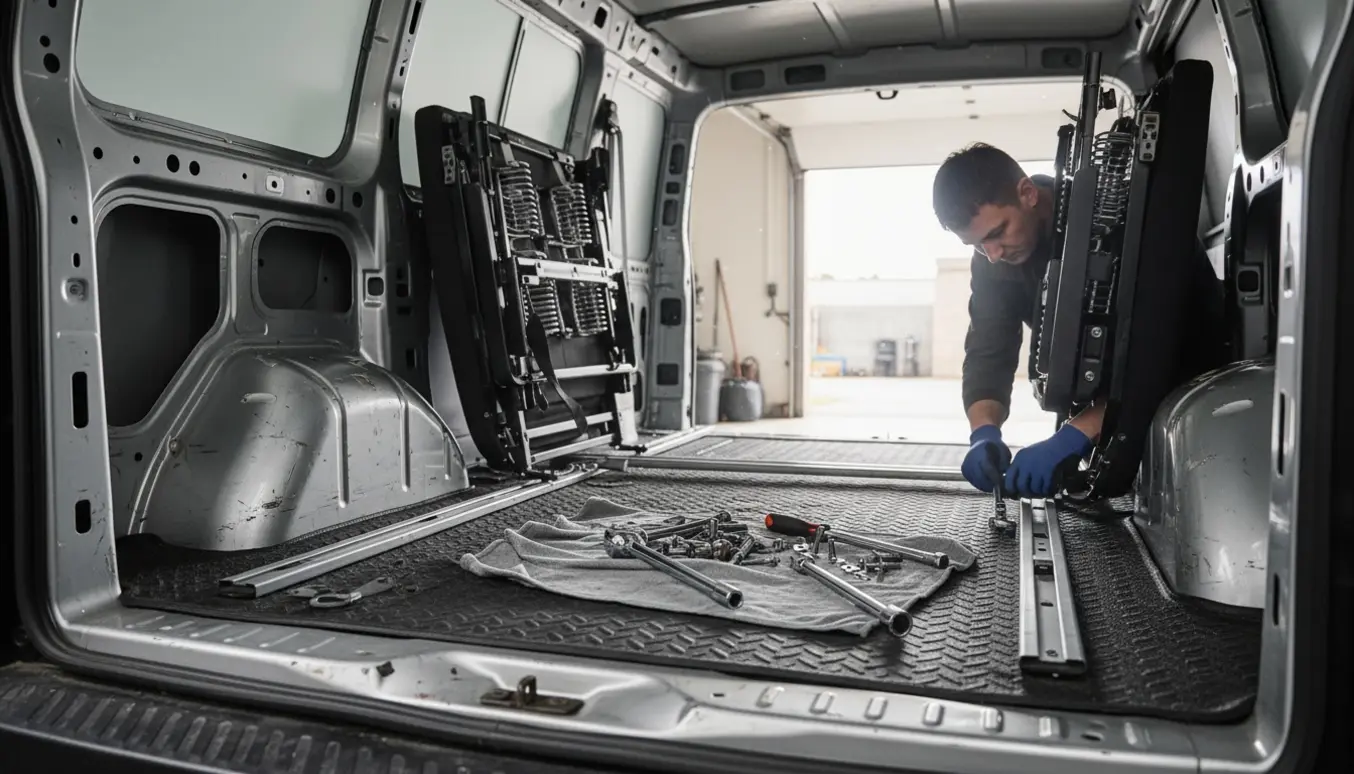 Bilens bagagerum med varevognsdel fjernet, synlige sæderammer og værktøj klar til montering af bagsæder.