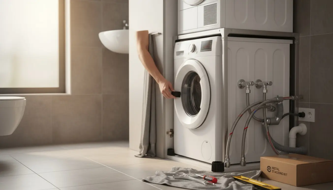 Hænder monterer gummifødder på en hvid vaskemaskine i et badeværelsesskab med tørretumbler ovenpå.