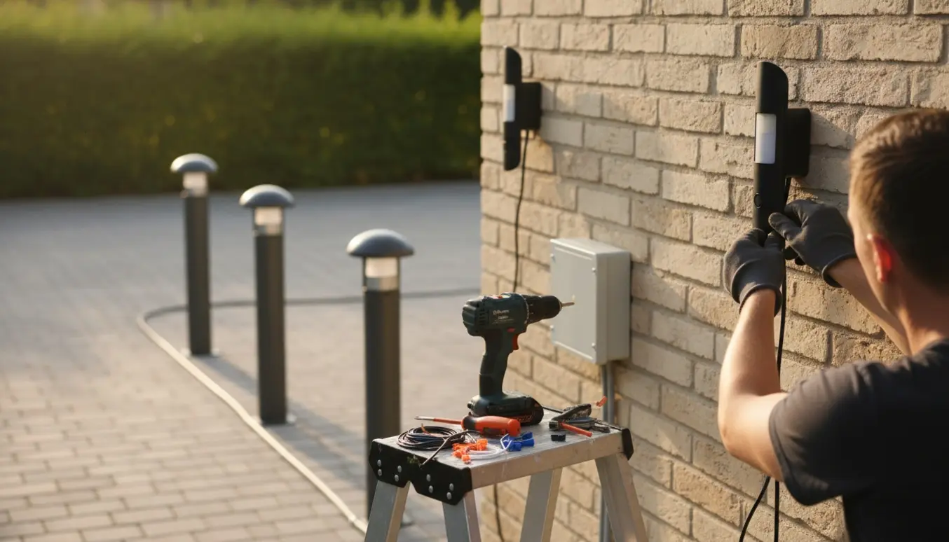 Håndværker monterer udendørslamper med sensorer på husmuren, med tre indkørselslamper i baggrunden.