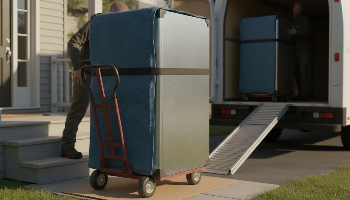 Et køle-/fryseskab bæres fra en varevogn ind i et hus over en rampe med beskyttelsesstæpper og en dolly.