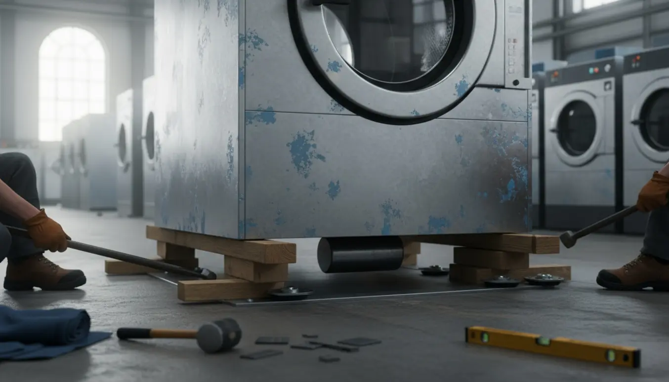 Industrivaskemaskine løftes på plads på en 10 cm sokkel med løftebjælker, træklodser og ruller, ansigter ikke synlige.