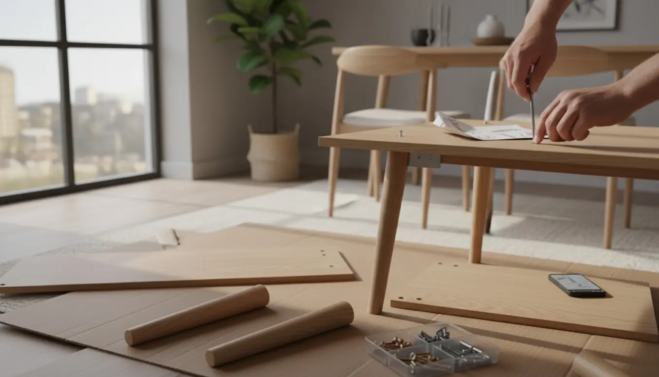 Hænder samler et lyst, skandinavisk spisebord med unbrakonøgle og skruer i en lys spisestue.