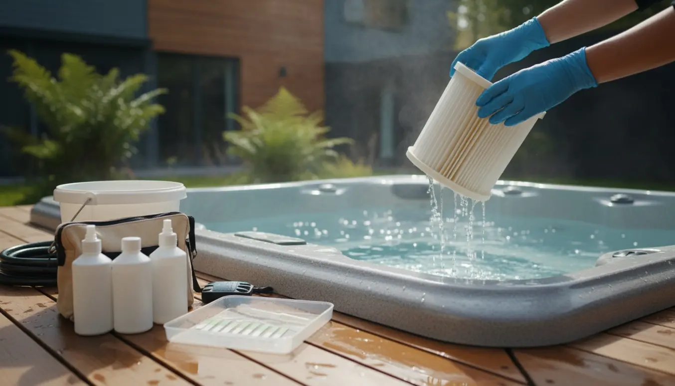 Nært billede af handskerede hænder, der tager et filter op af en udendørs spa på en træterrasse med teststrimler og kemikalieflasker ved siden af.