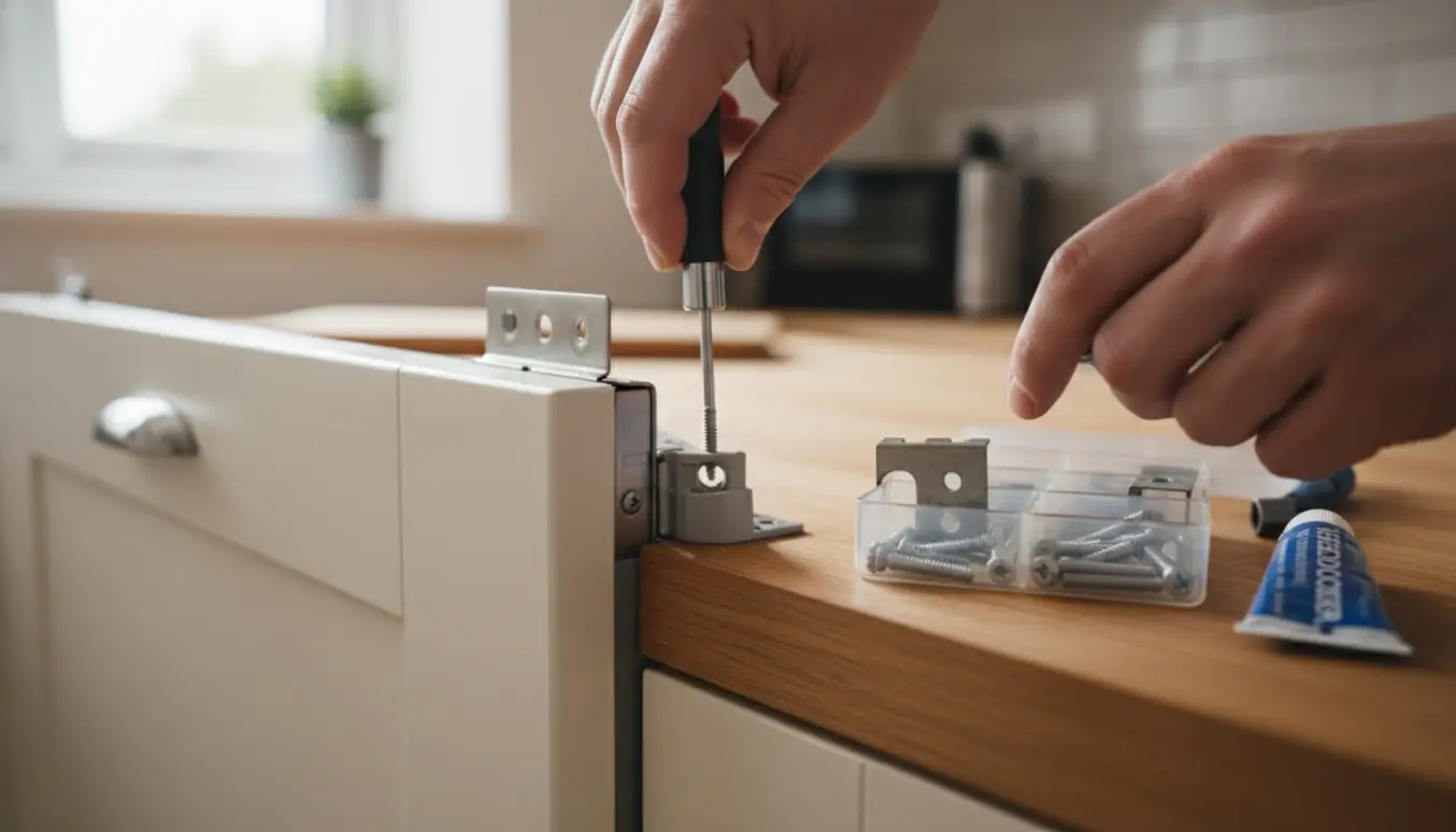 Hænder monterer en opvaskemaskinedør med en erstatningsskrue og værktøj ved en manglende skrue.