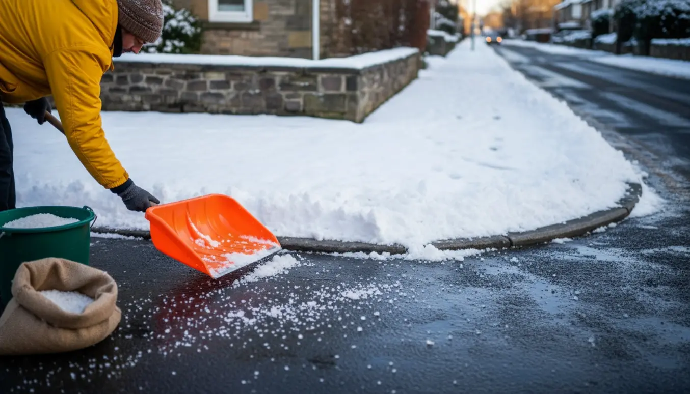En person skovler sne og spreder salt på fortovet ved et hjørne.