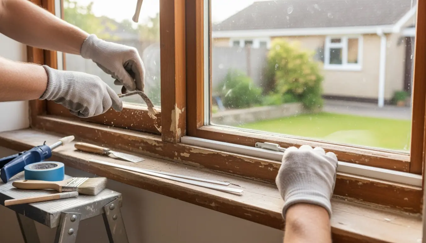 Hænder maler og udskifter glaslister i et vindue på et etplanshus.