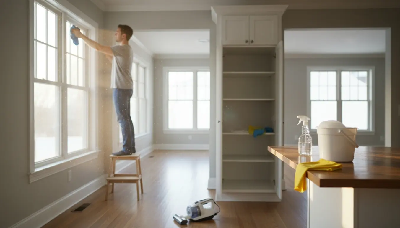 Rengøringsscene i et tomt hus med vinduespudsning og aftørring af køkkenskabe.