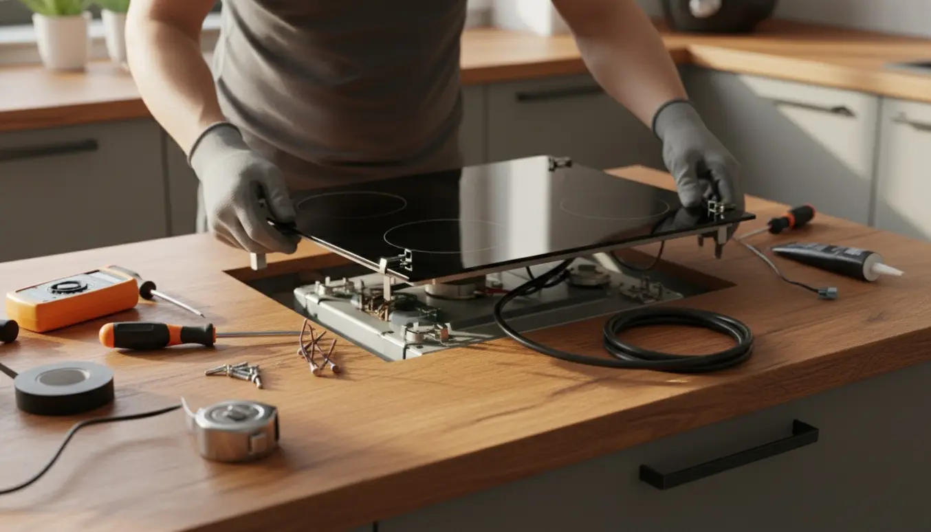 En 60 cm induktionskogeplade monteres i et køkkenbord med værktøj og handsker klar.