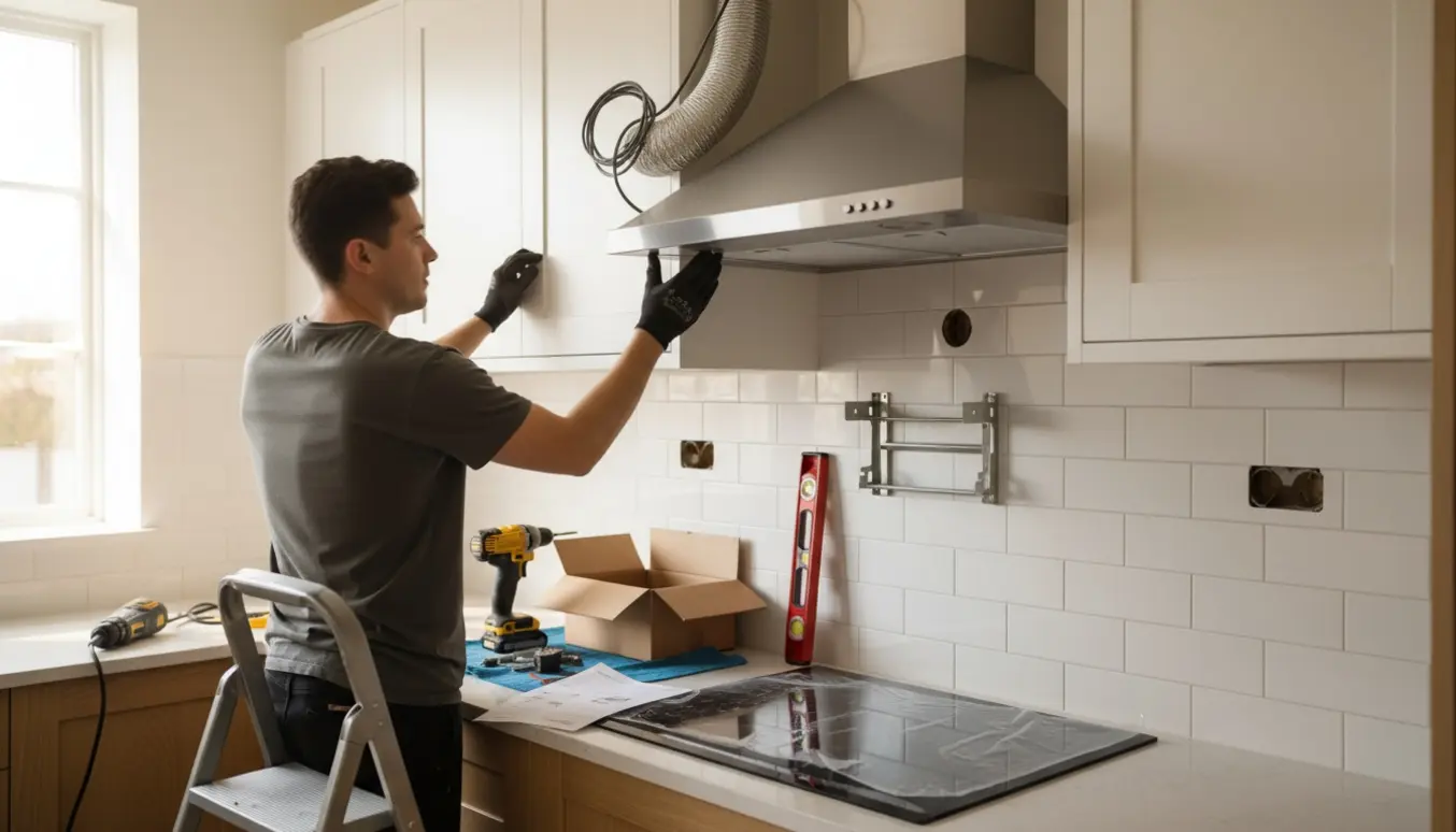 Ny emhætte og skab monteres over komfuret med værktøj og udsugshul synligt.