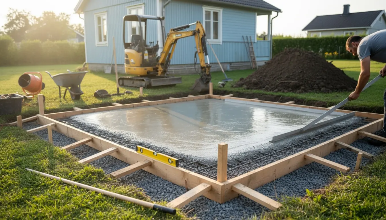 Udgravet fundament til et lille skur med forskalling, armeringsnet, våd beton og en lille minigraver i baggrunden.