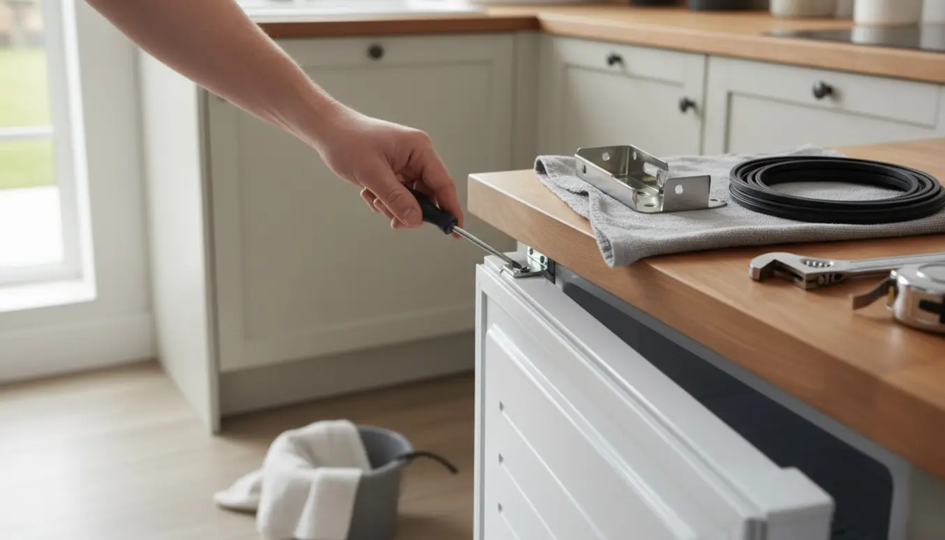 Hænder justerer hængslerne på en lille fryserdør i et lyst køkken efter afriming.