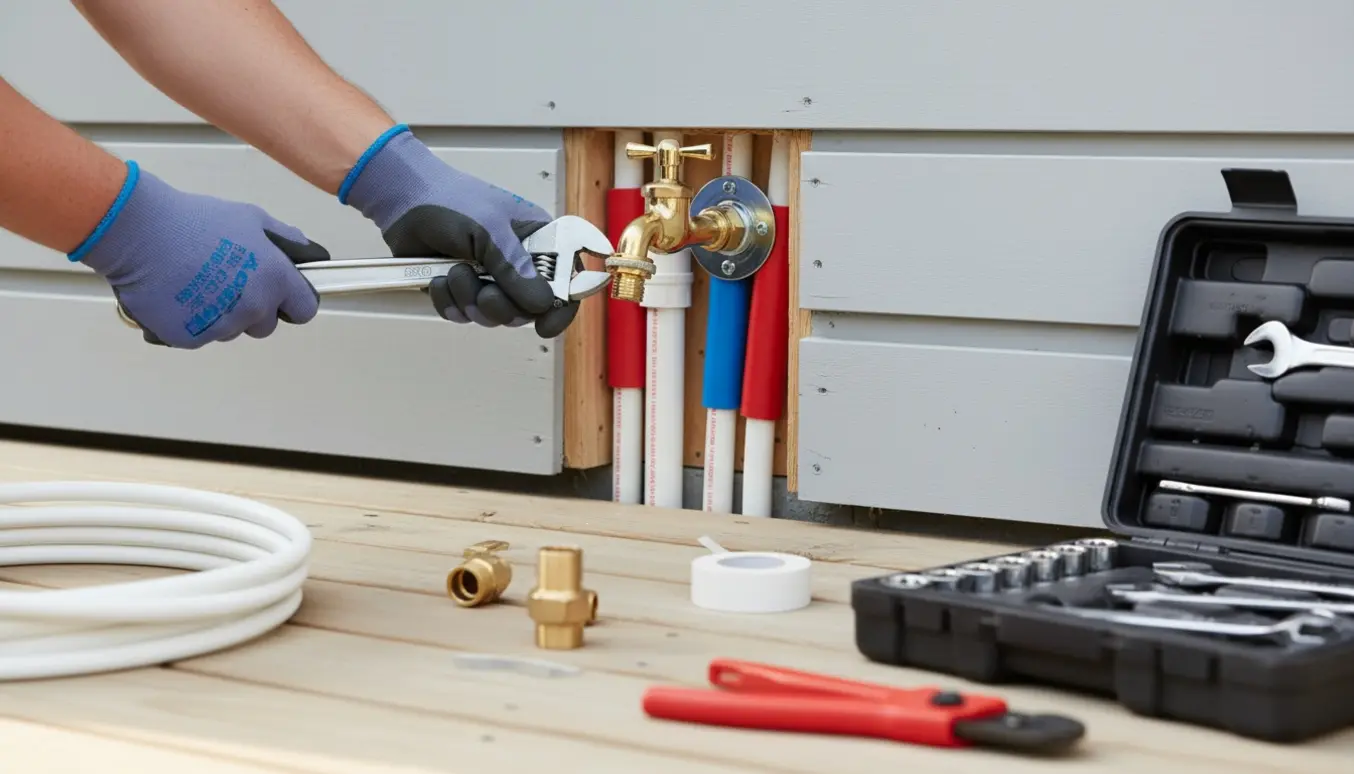 Montage af udendørs rør og montering af en messing udendørshan på husets væg set tæt på, kun hænder i arbejde.