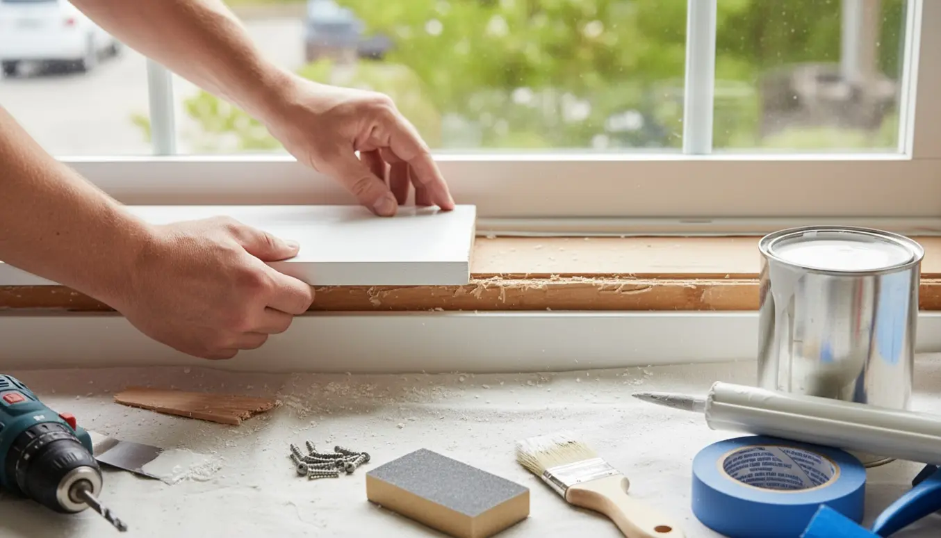 Indvendig udskiftning af vindueskarm med nyt hvidmalet bræt og værktøj i naturligt dagslys.