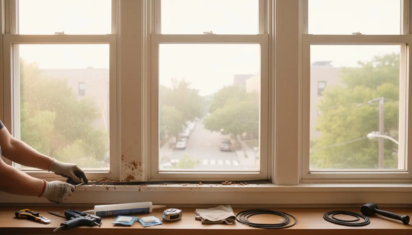 Hænder monterer nye tætningslister på tre store lejlighedsvinduer med værktøj på vindueskarmen.