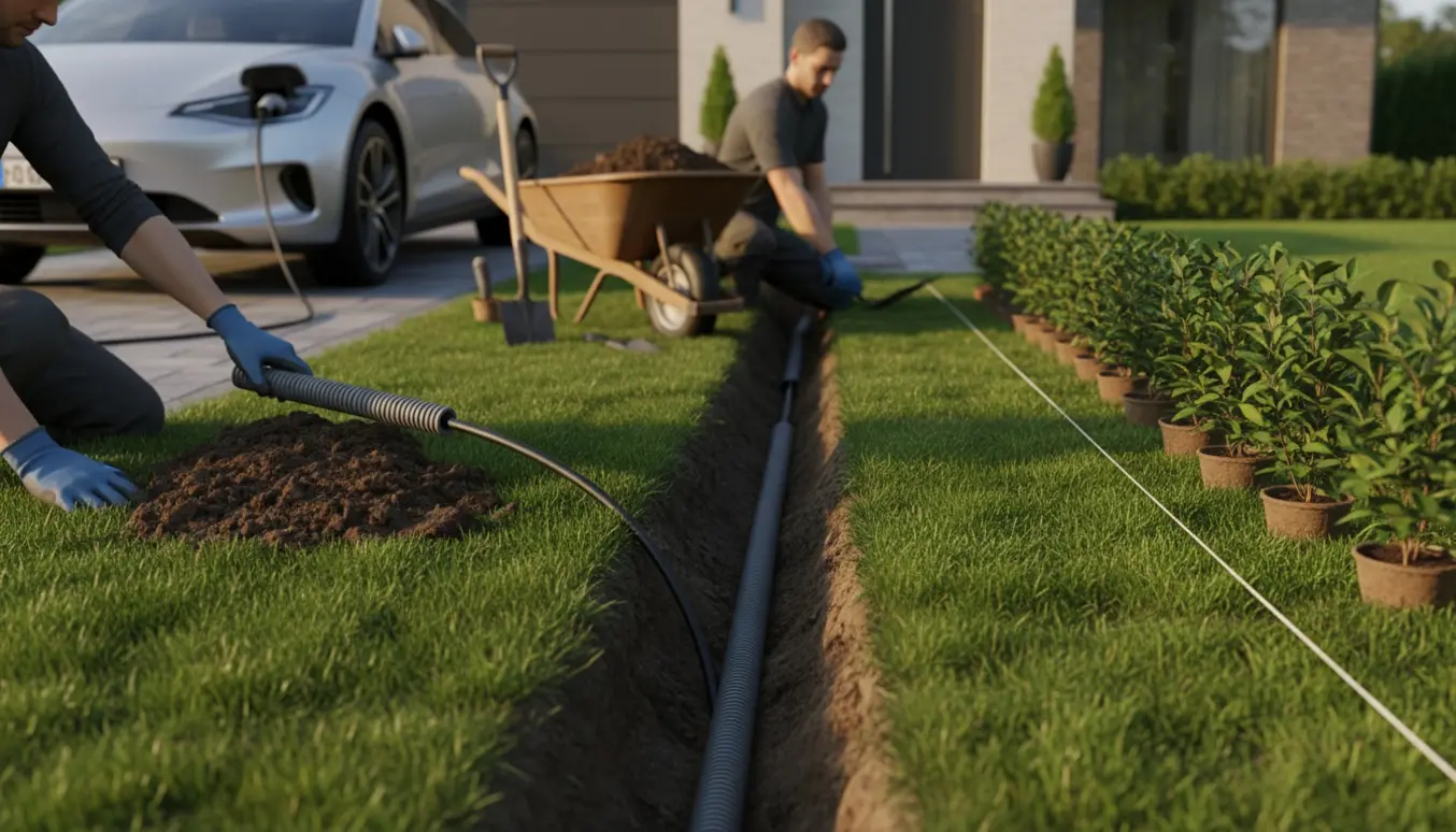 Forhave hvor et ladekabel graves ned i en rende, samtidig med at der plantes ny hæk langs haven.