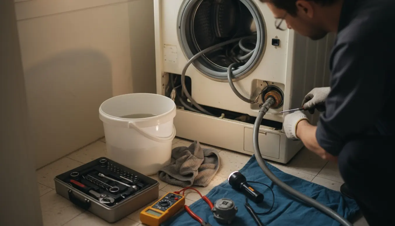 Tekniker vurderer en defekt vaskemaskine med åben bund, værktøj og spand med vand i et udlejningshus.