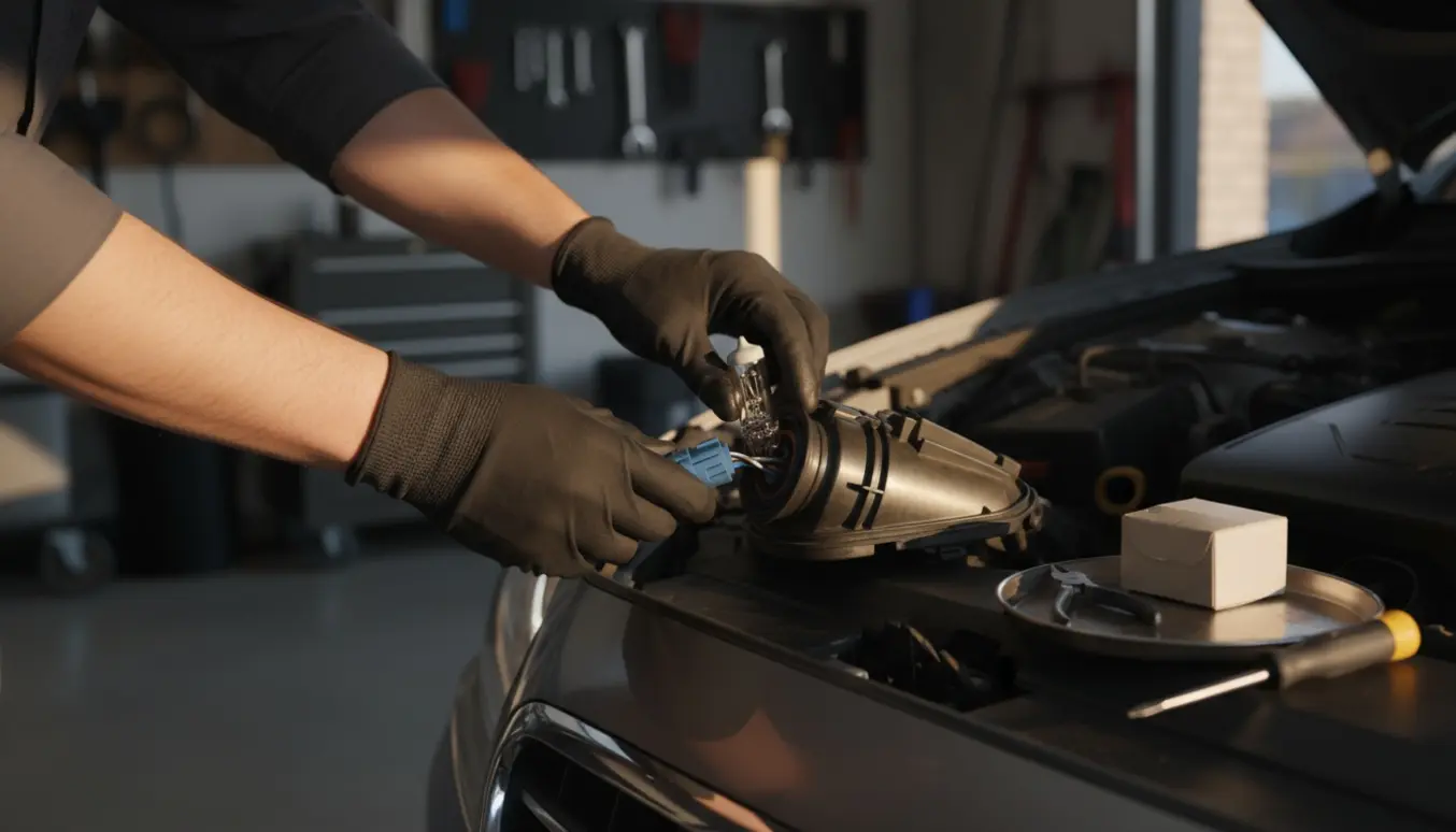 Nærbillede af hænder, der skifter en forlygtepære under en åben motorhjelm i dagslys.