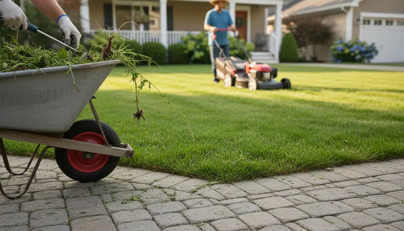 Græsslåning og lugning af ukrudt langs en indkørsel med plæneklipper og håndredskaber foran et velholdt hus.