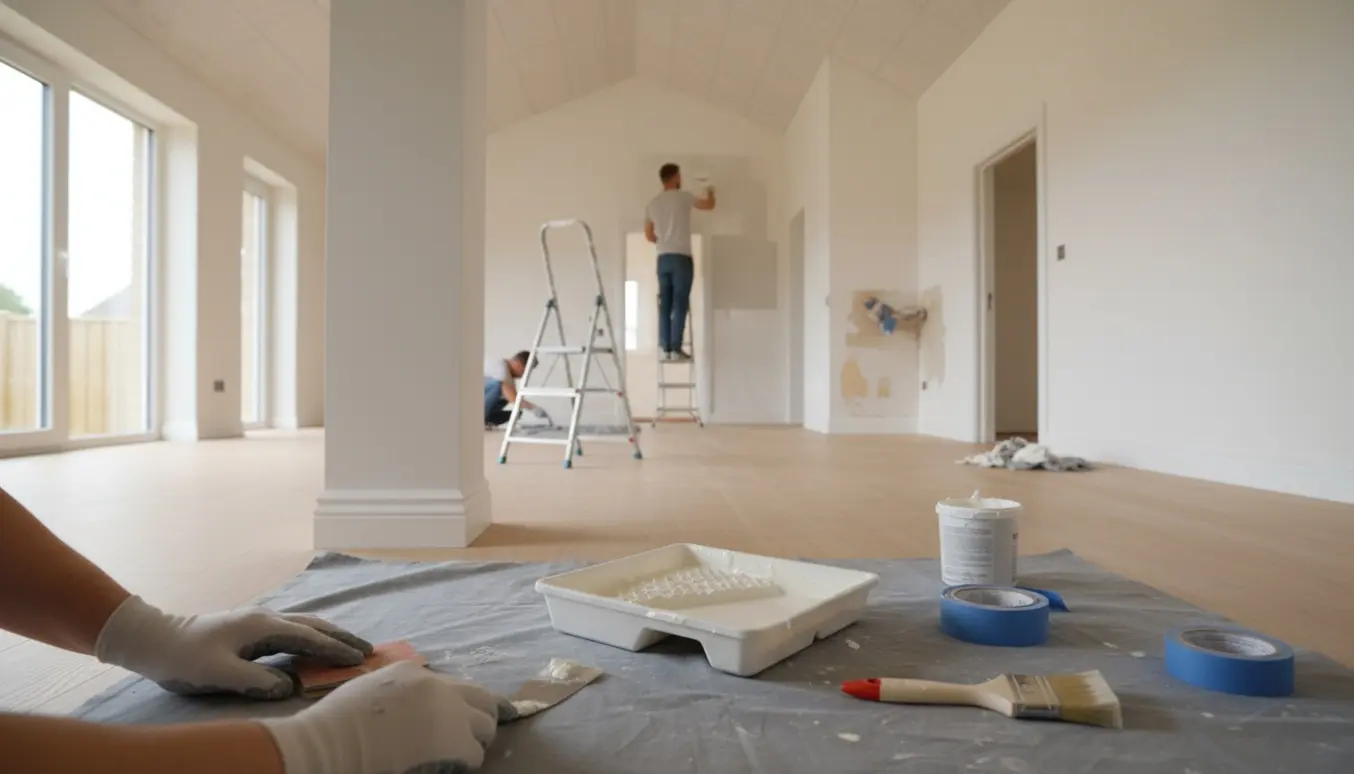Indendørs malerarbejde i stue/køkken med hånd der spartler fodliste og stige under et skråt lydloft.