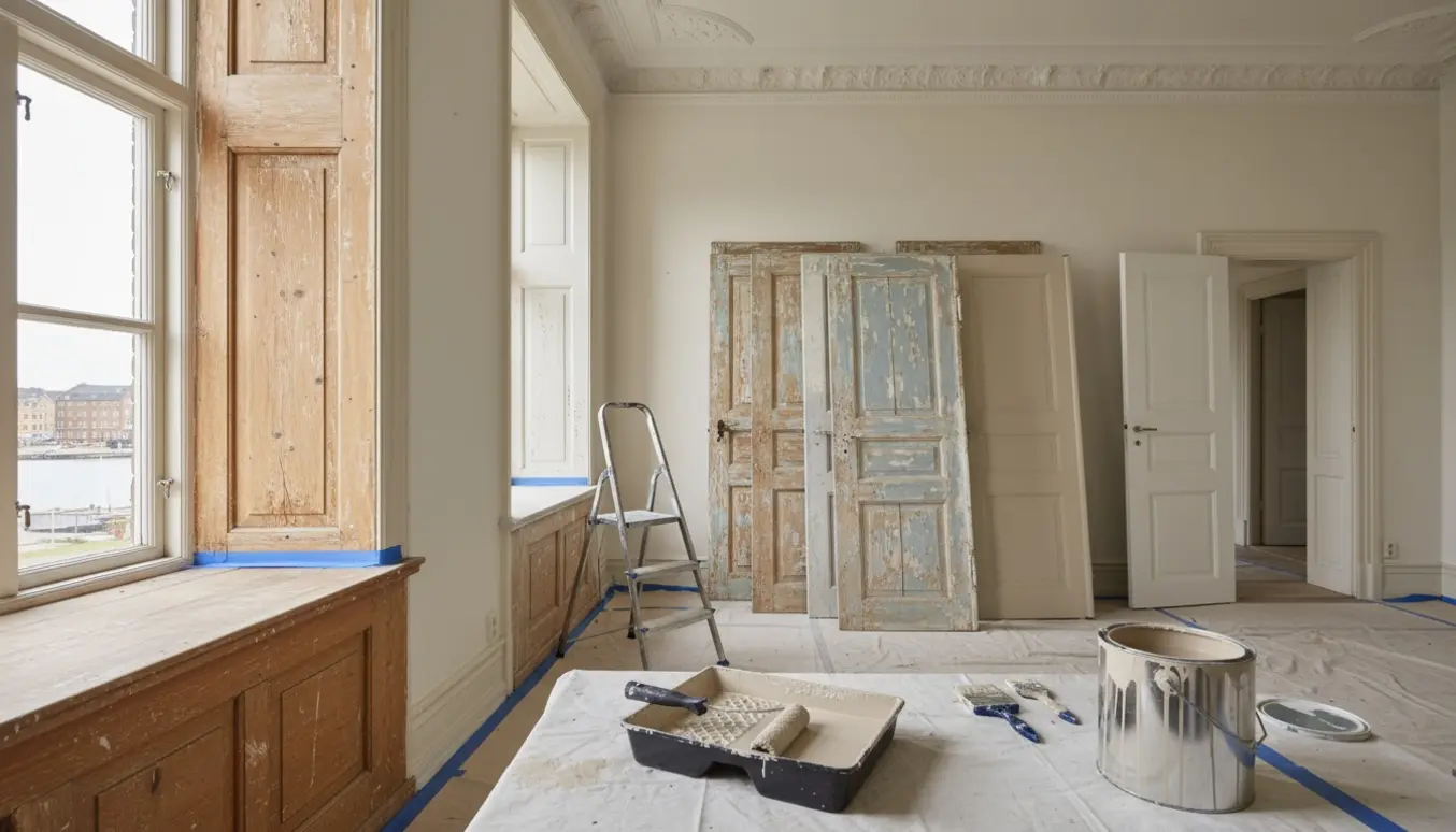 Gammel lejlighed under maling med halvmalet paneldør, brede vindueskarme og malerværktøj i naturligt dagslys.