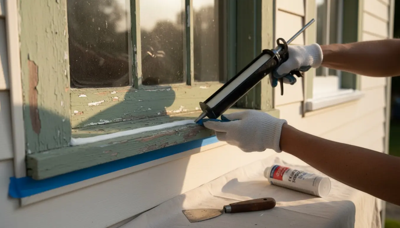 Nærbillede af hænder, der fugeforsegler bunden af to udvendige vinduer med fugepistol og værktøj ved siden af.