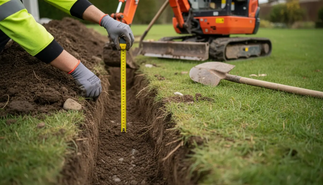 En 10 meter lang grøft gravet i en have med jord lagt op langs siden, minigraver og spade i baggrunden.