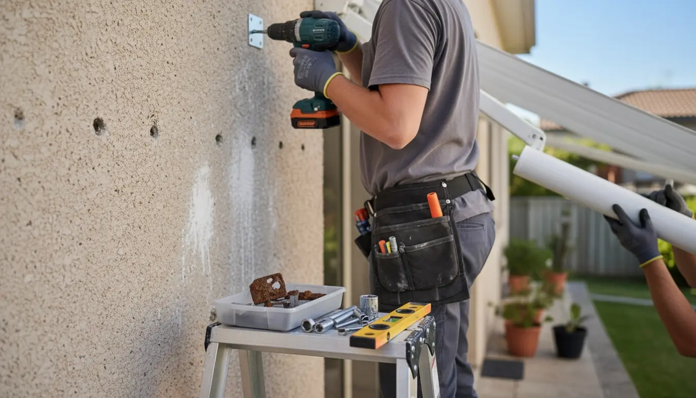 Installatør monterer en ny markise på husfacaden med nye beslag og værktøj i fokus.