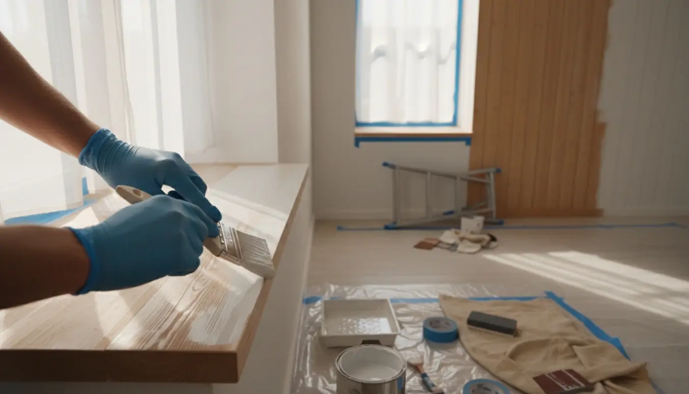 Nærbillede af nymalede paneler og vindueskarme med malerredskaber i et lyst hjem.