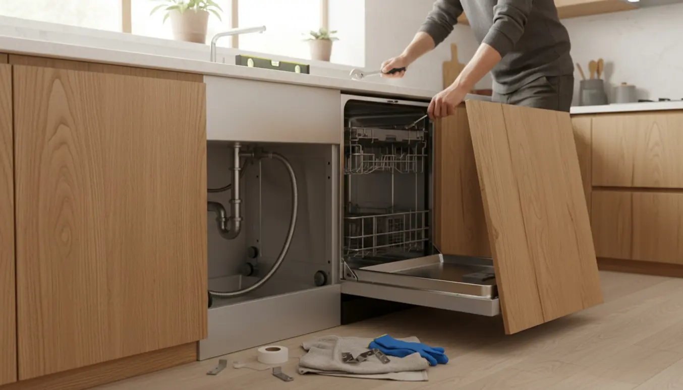Nærbillede af installation af en ny indbygget opvaskemaskine i et lyst køkken, hvor hænder forbinder slanger og justerer maskinen.
