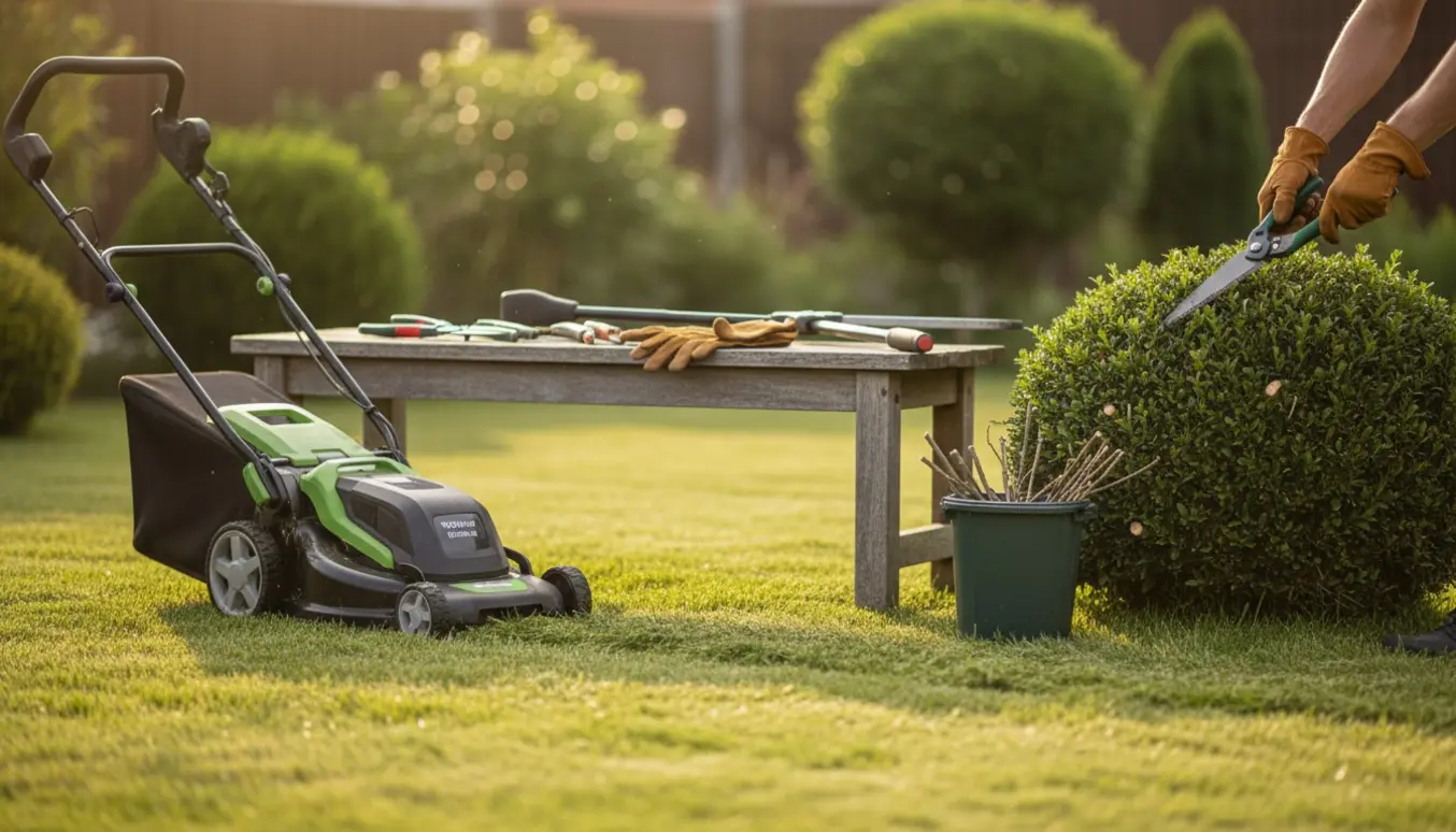 Nyklippet, stribet græs med haveredskaber og handsker ved beskæring af en busk.