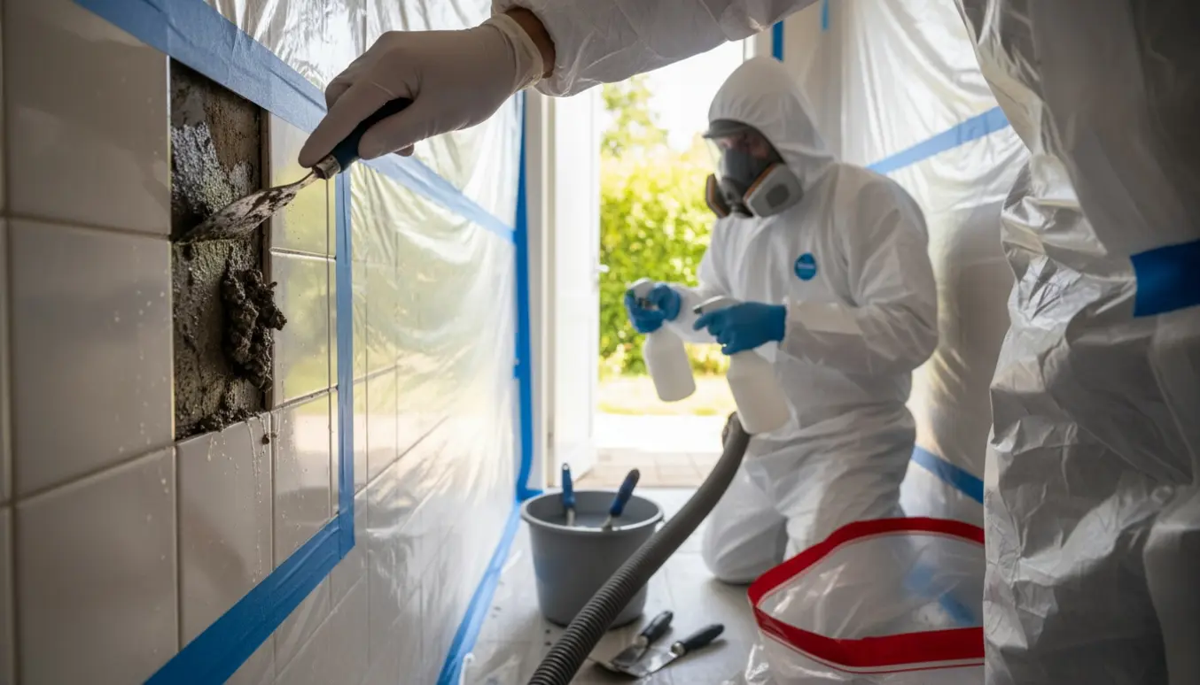 Tekniker i beskyttelsesdragt fjerner fliseklæb med asbest i et lille badeværelse med åben dør til haven.