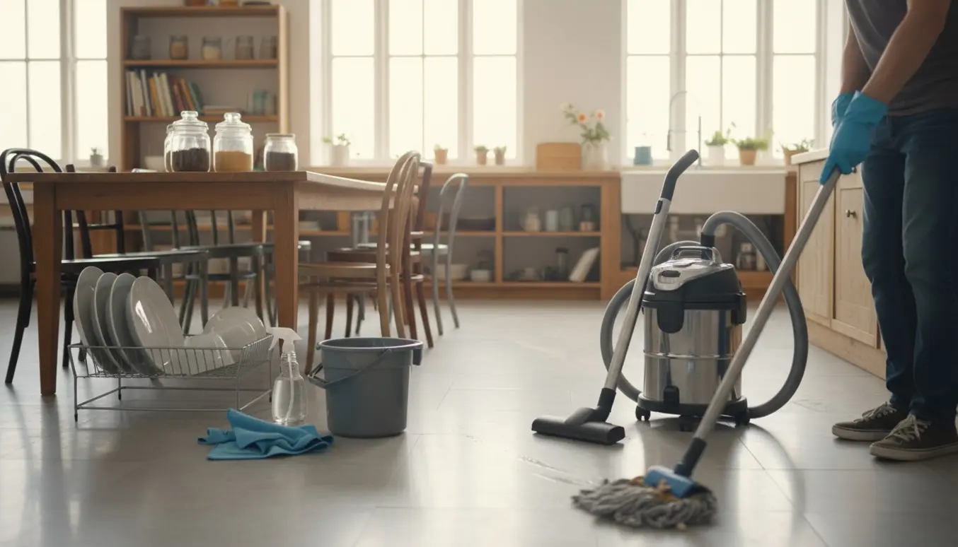 Fælleskøkken i blødt dagslys med hænder, der mopper gulvet, en støvsuger og en lang spiseplads.