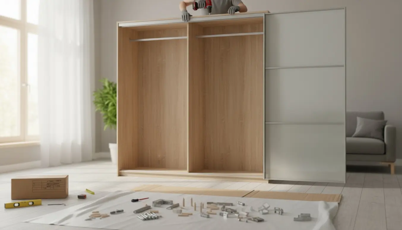 Delvist samlet garderobeskab med skydelåger, værktøj og hænder i færd med at montere skinner.