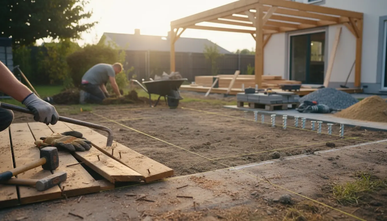 Delvist nedtaget overdækket terrasse, håndværker fjerner buske og klargør området med jordskruer og fliser til anneks.