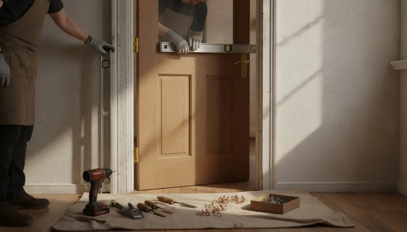 Håndværker måler og monterer en skræddersyet dør i en smal døråbning med værktøj og træspåner.