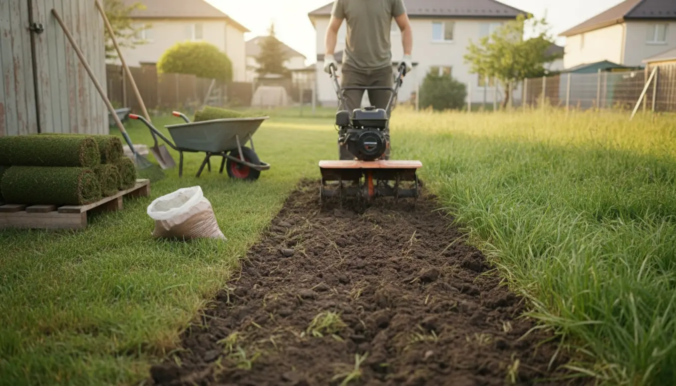 En baghave, hvor en person fræser langt græs og klargør jorden til rullegræs.