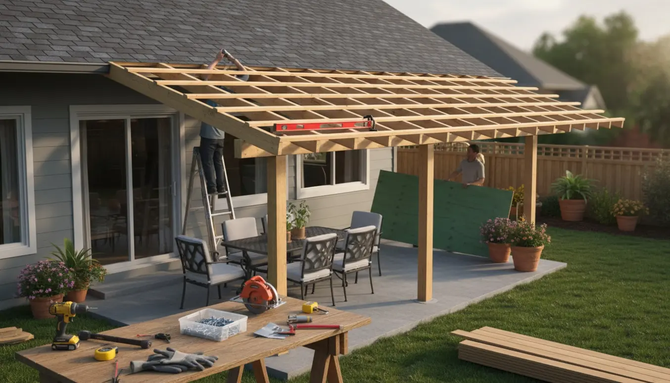 Halvfærdig overdækket terrasse i baghaven med træbjælker, værktøj og håndværkere set bagfra.