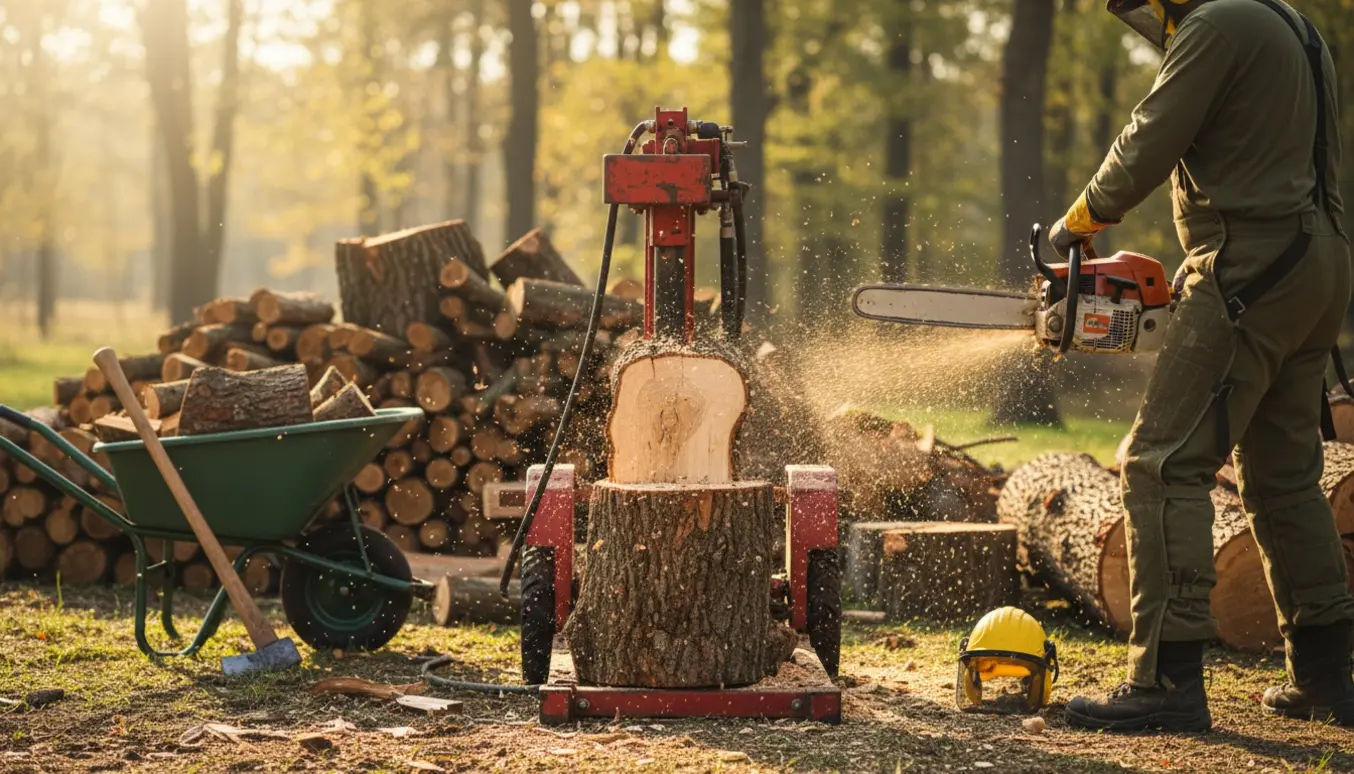 Hydraulisk brændekløver deler en stamme mens en motorsav og stablet brænde ligger i en soloplyst gårdhave.