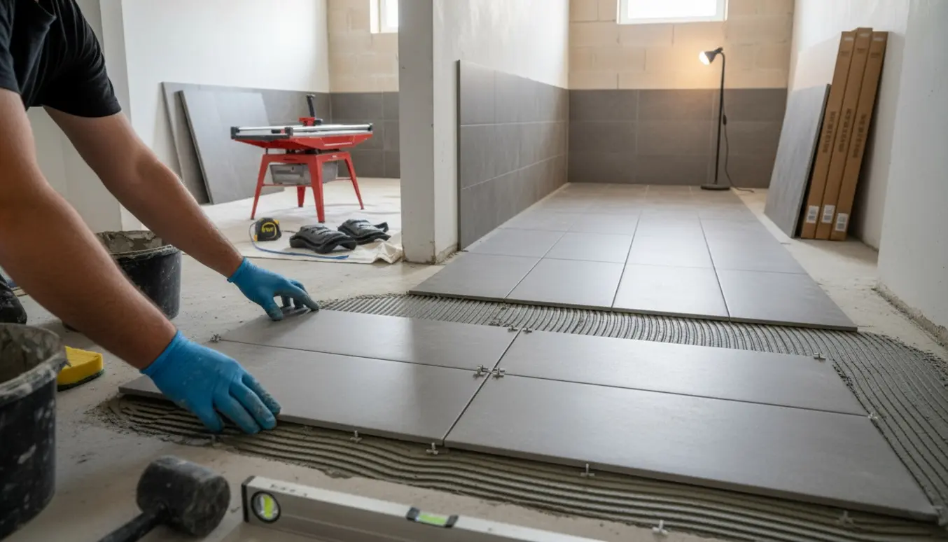 Hænder lægger 30 x 60 cm klinker i et kælderrum med værktøj og en næsten usynlig overgang til gangen.