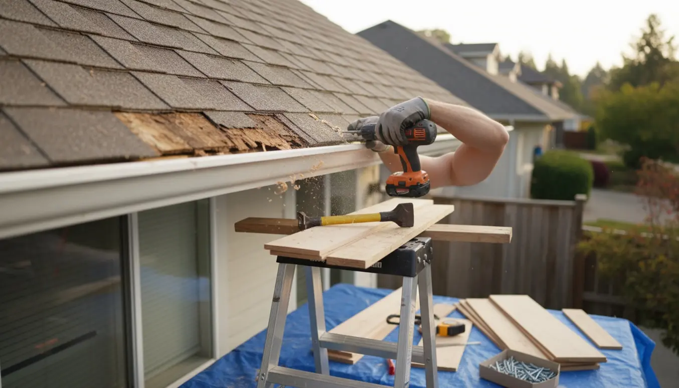 Nærbillede af udskiftning af rådne brædder i husets udhæng med handske-klædte hænder og boremaskine.