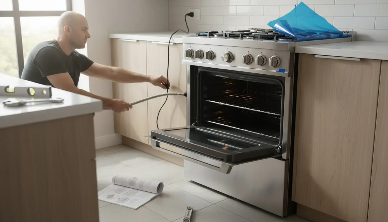 Ny komfur bliver monteret i et lyst køkken, mens installatørens hænder forbinder gas- og eltilslutninger.