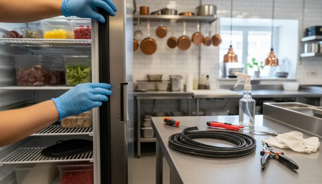 Hænder skifter gummiliste på en rustfri stålkøleskabdør i et restaurationskøkken med værktøj på bordet.