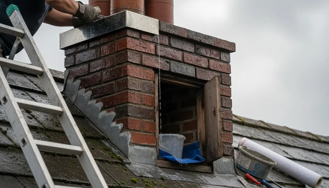 Våd murstensskorsten på et regnfuldt tag, håndværker monterer en kappe mens en spand indendørs fanger dryp.