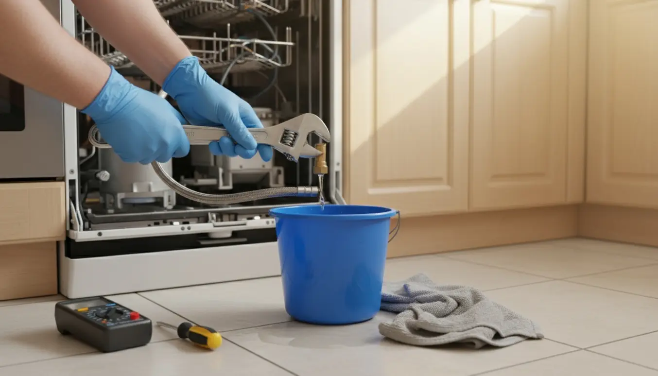 Åben opvaskemaskine med panel fjernet, hænder arbejder ved vandtilførslen over en spand.