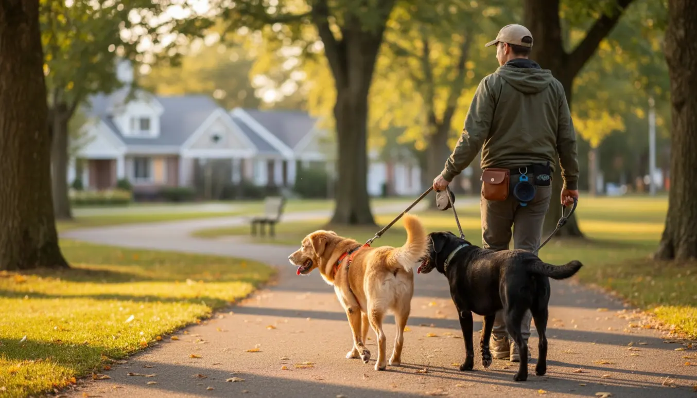 Hundelufter set bagfra på en solbeskinnet sti med to mellemstore hunde i snor og udstyr.