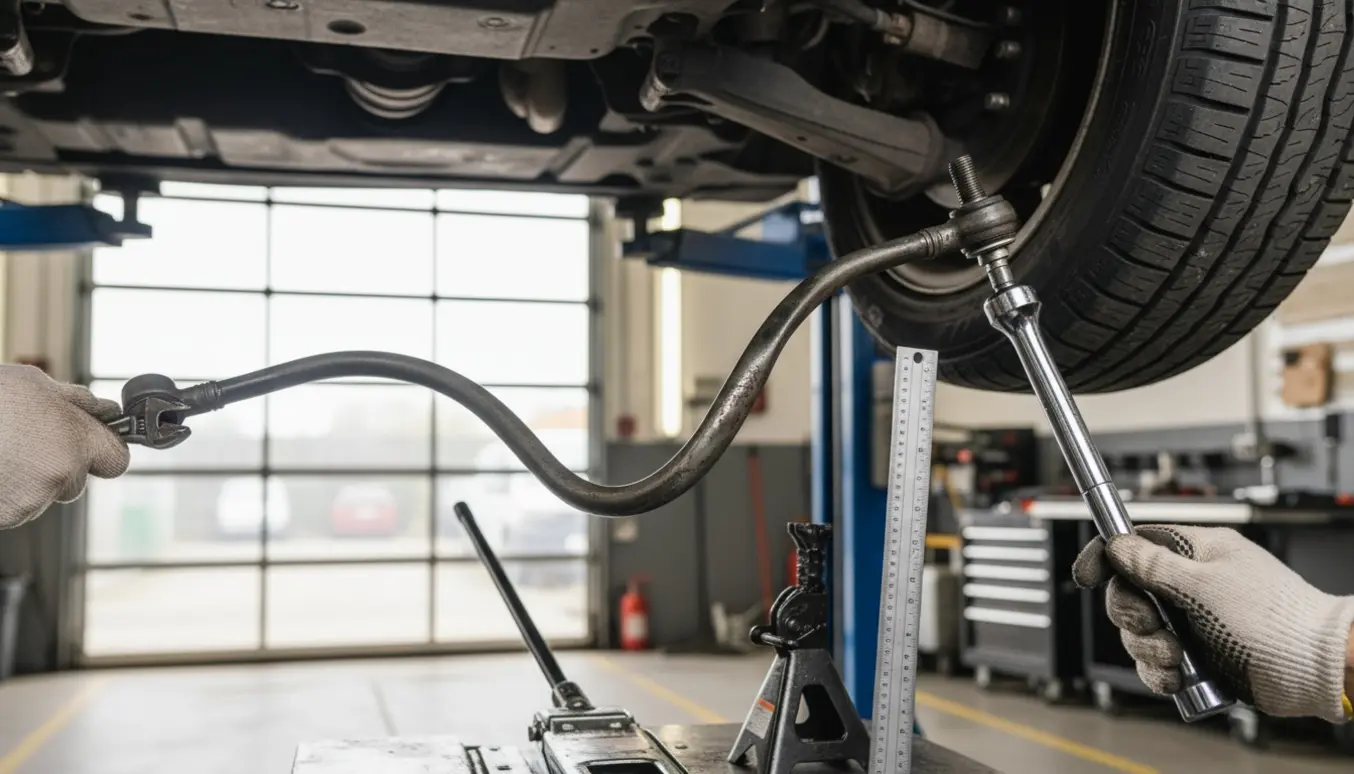 Nærbillede af en bøjet styrestang under en bil med hænder i handsker og værktøj i et værksted.